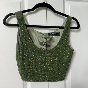 Y2K List Beaded Floral Tank Top Womens Green Vintage Italy Cropped 2000s